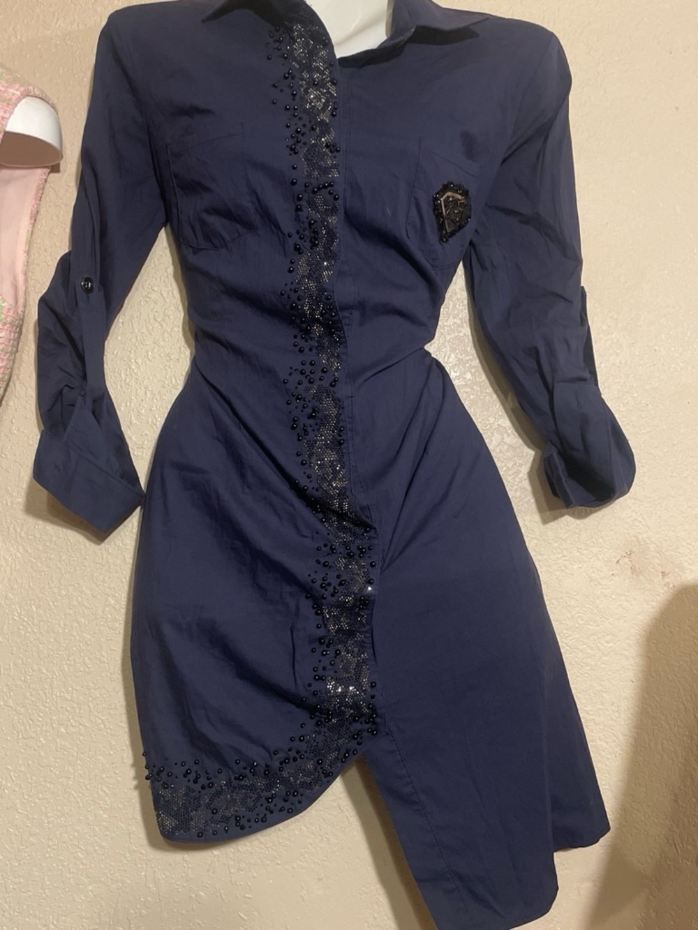 Navy Beaded Shirt Dress - Women's Elegant Button-Front Dress